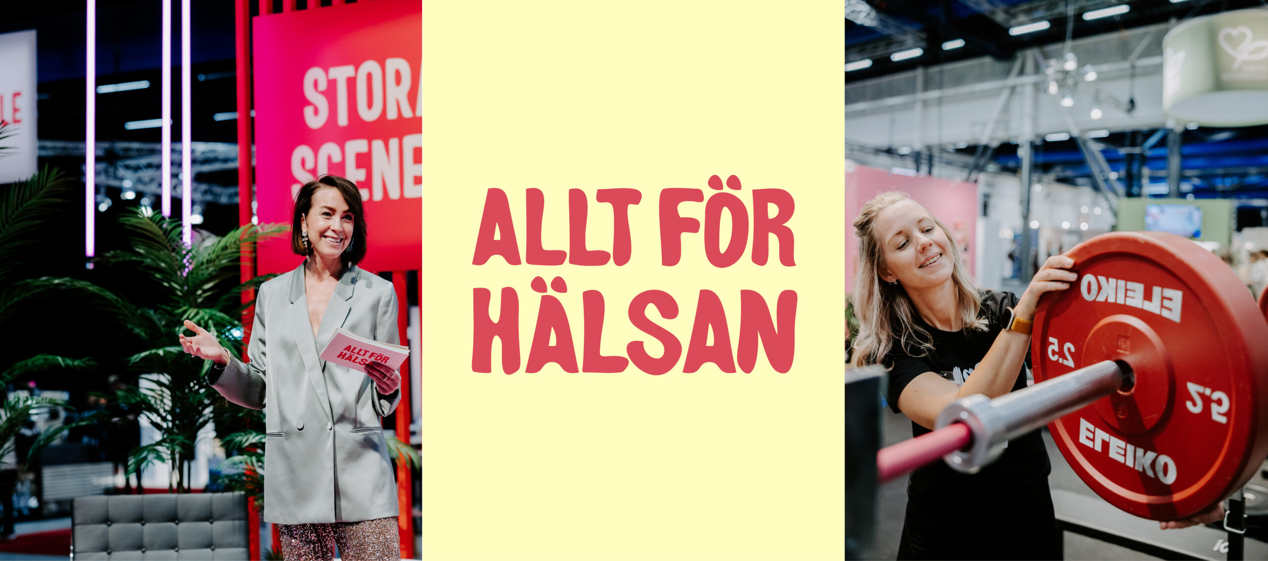 Speaker on stage and woman at a barbell during the Allt för Hälsan fair, with logo in the centre.