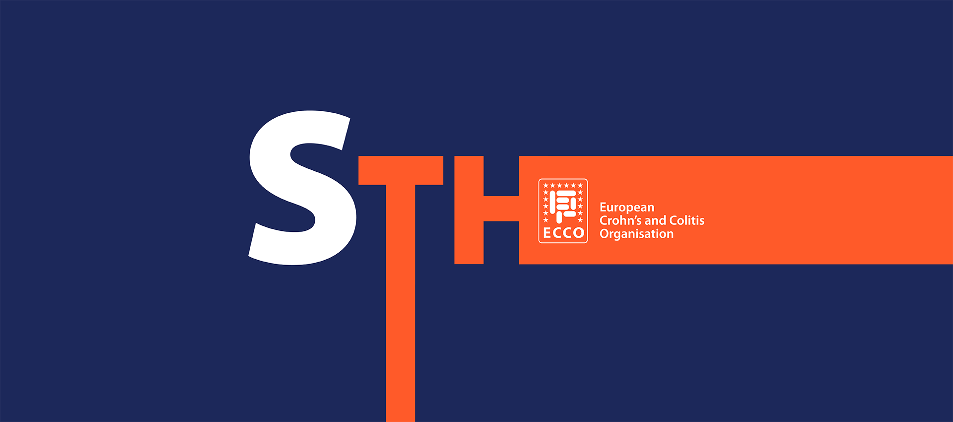 ECCO2026_STH event calendar_V2 Bilden visar en logotyp för European Crohn's and Colitis Organisation (ECCO) med bokstäverna "STH" i vitt och orange på en mörkblå bakgrund.