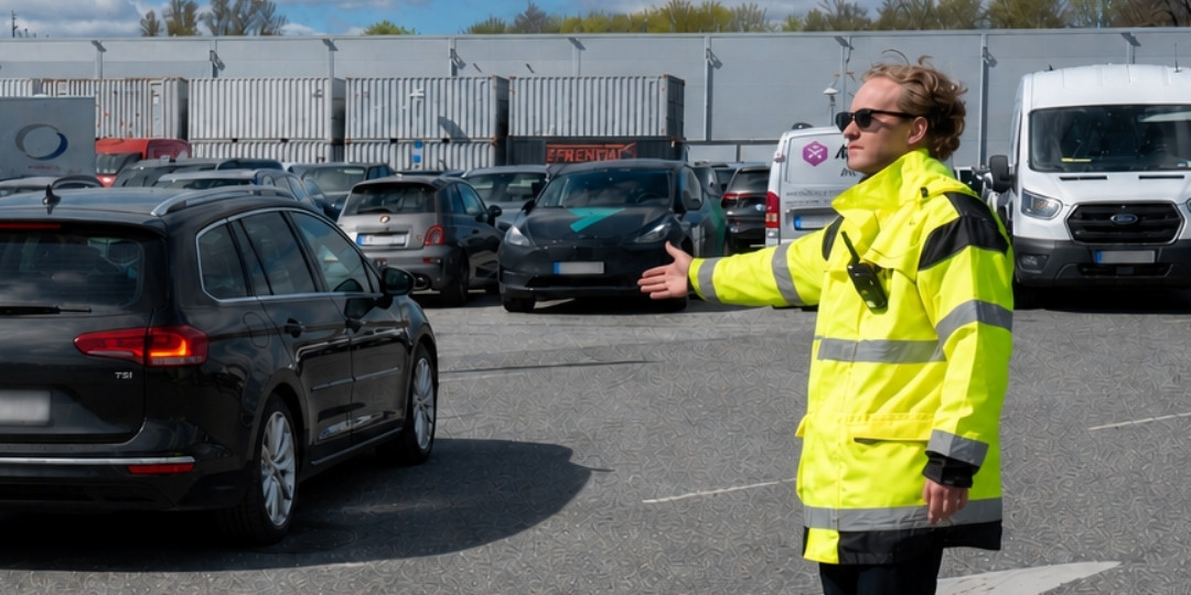 Startsida 11 person som bär gul väst och hänvisar till parkeringen